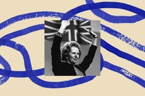 A photograph of Prime Minister Margaret Thatcher, bordered by an illustration