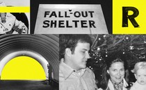 Photo collage on a bright yellow background: A bunker; a sign reading "fall-out shelter;" a person wearing a gas mask; a family photo of a man, woman, and young baby