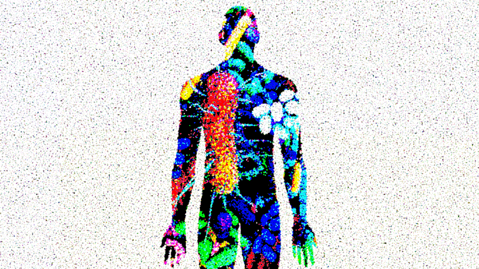 A patterned silhouette of a human body, with shimmering dots