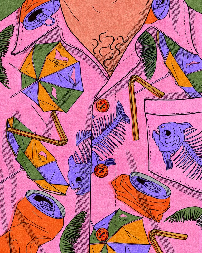 illustration of man from neck down wearing collared pink hawaiian-style shirt with pattern of crushed cans, broken beach umbrellas, fish skeletons, and bendy straws