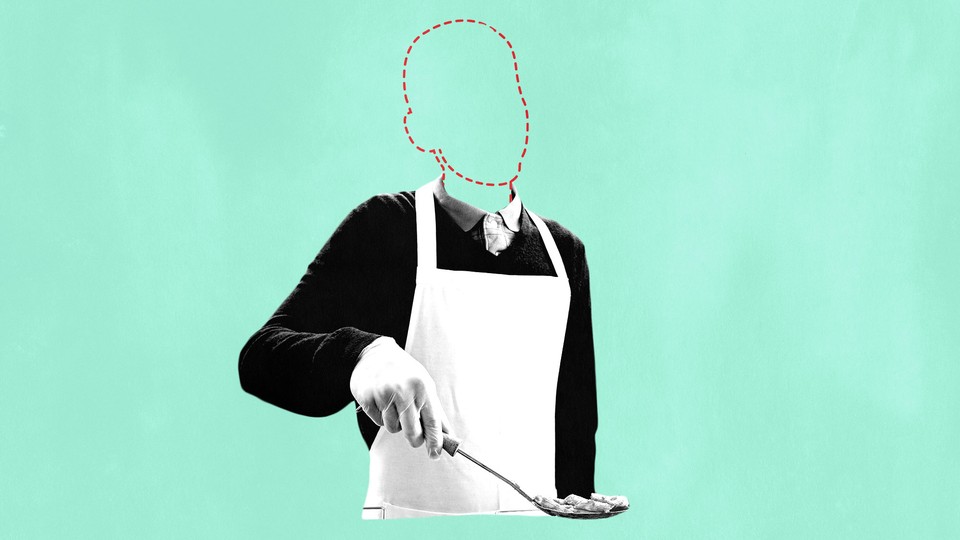 A graphic showing a volunteer with a soup kitchen ladle. The volunteer's head is missing, replaced by a stenciled outline.
