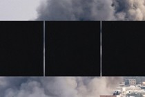 Photo of smoke rising from Gaza, obscured by black squares