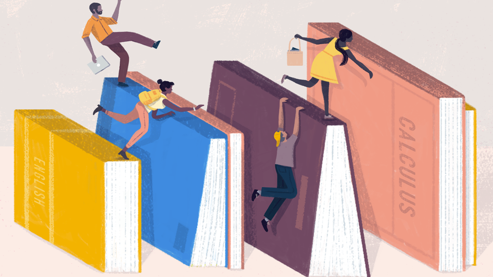 An illustration of students climbing on large textbooks. 