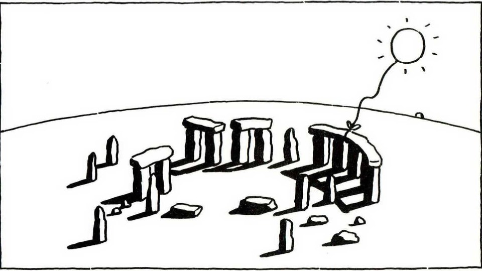 A black and white line comic illustration of Stonehenge with a balloon sun tied to one of the stones