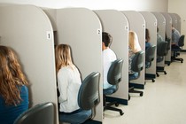 Picture showing nine teens sitting down in a line of nine cubicle desks.