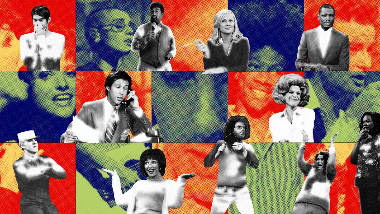 colorful grid of "Saturday Night Live" actors and musicians