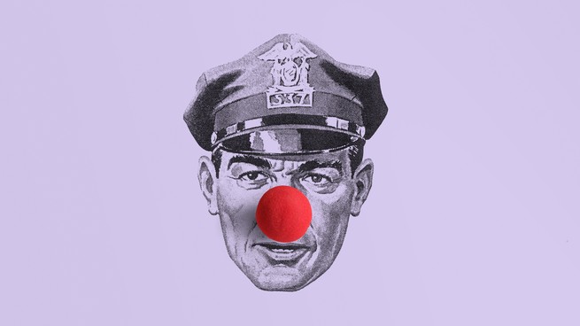Illustration of a police officer wearing a clown nose
