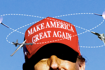 An illustration of the top half of Donald Trump's head, wearing a red MAGA hat, with two missiles, a drone, and a fighter jet circling his head.