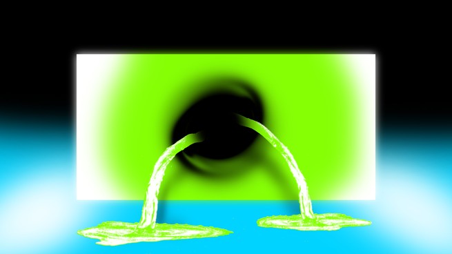 An abstract image of green liquid pouring forth from a dark portal.