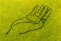 illustration with outline drawing of an outstretched hand, palm facing up, on yellow-green background