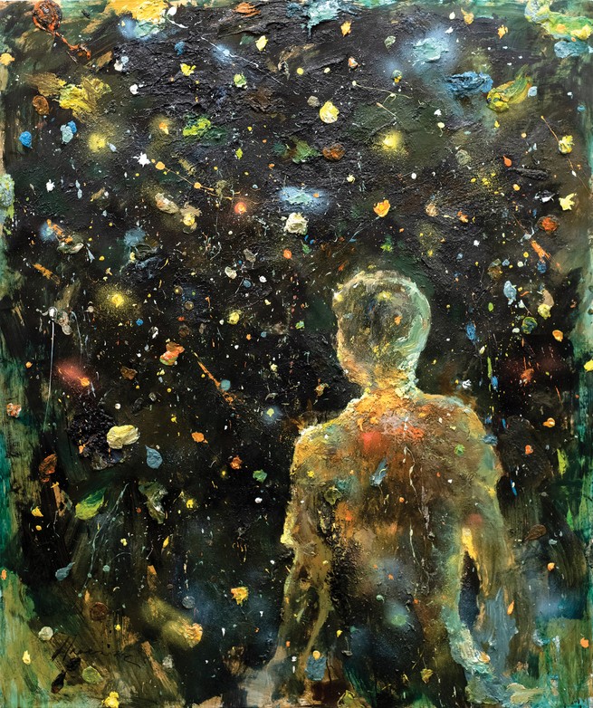 painting of human figure looking out into abstract universe of colorful daubs of paint on black background