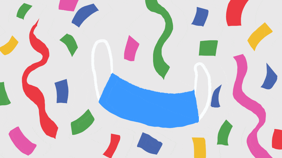 An animated illustration of colorful confetti and blue surgical masks raining down