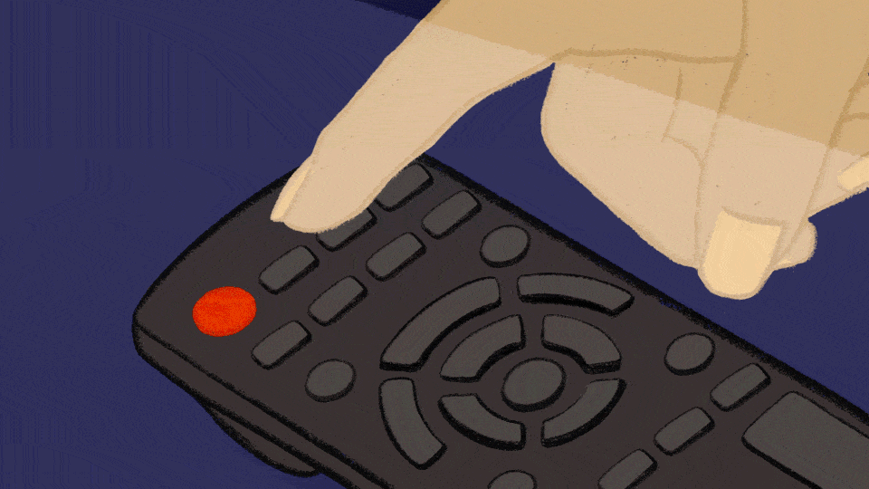 Animation of a person using a remote to turn a TV on and off