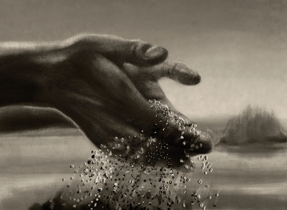 An illustration of hands with sand running through the fingers