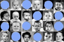 Pictures of babies in a grid layout. Some babies have their face obscured by a light-blue dot.