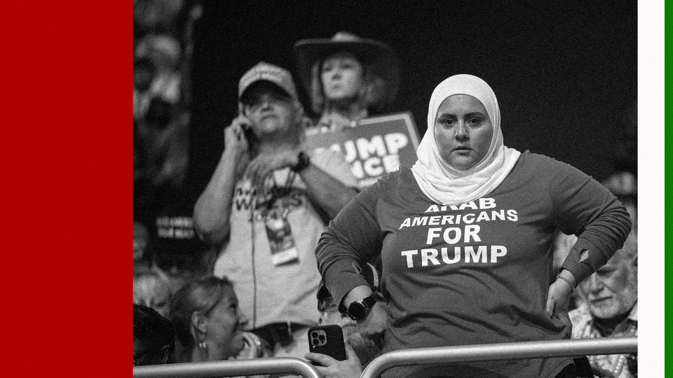 A black-and-white photo of a woman wearing an "Arab Americans for Trump" shirt