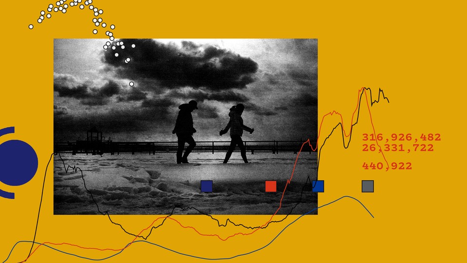 Two people walk by the sea in a black and white photo imposed on a mustard background