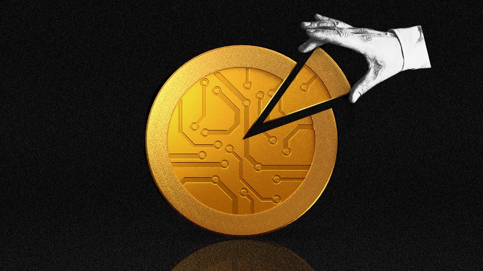 A hand taking a piece of gold digital-currency coin