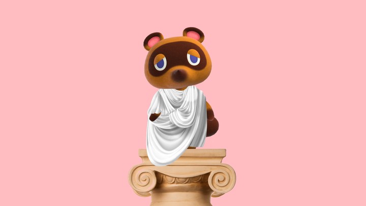 A graphic depicting the Animal Crossing character Tom Nook dressed in a toga, standing atop a column.