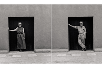 Two black-and-white photos of same black doorway in adobe wall, one with O'Keeffe leaning against frame, the other with Webb in same pose