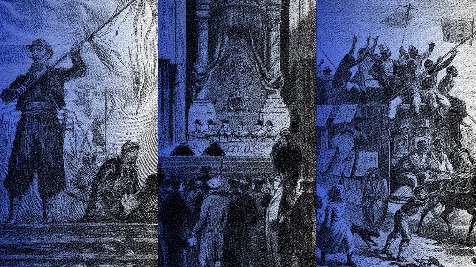 A triptych illustration in blue, black and white tints of Italian Unification (1859-1924). Pontifical troops ask Parliament by Command of Her Holiness in Rome. 'The Reform Bill', 1832 King William IV, Lord Henry Brougham and Lord Charles Grey Emancipation Proclamation by United States President Abraham Lincoln, abolition of slavery, 1863