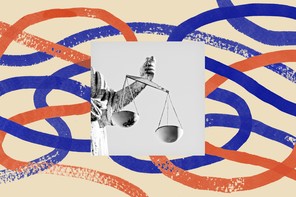 A black-and-white image of the scales of justice surrounded by an illustrated background