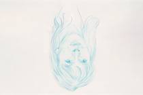 upside-down color-pencil sketch in blues and purples of the author's face and hair