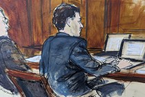 In this courtroom sketch, the FTX founder Sam Bankman-Fried, right, sits at the defense table next to his attorney Christian Everdell, as jury selection began in his fraud trial, on Tuesday, Oct. 3, 2023.