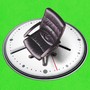 Three desk chairs sit atop three clocks, showing different times of productivity.