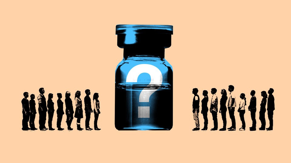 A graphic showing a variety of people next to a vaccine vial, which has a question mark on it