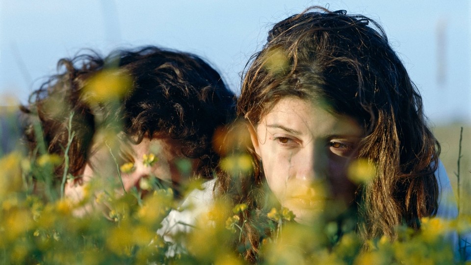 Two young girls embrace in a grassy field