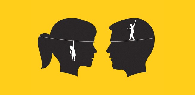 two silhouettes on a yellow background