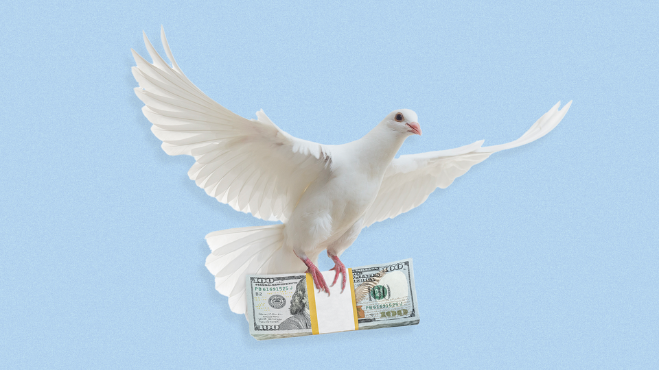A dove carrying a stack of money