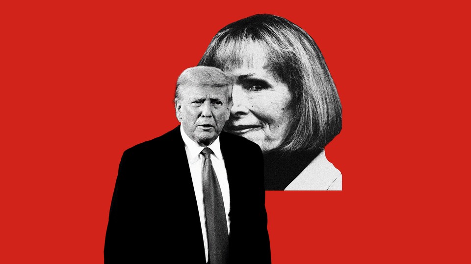 Cutout black-and-white images of Donald Trump and E. Jean Carroll on a red background