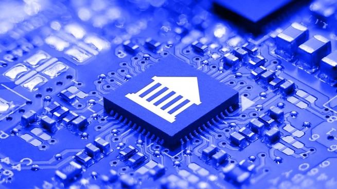 Illustration of a microchip with a government building inscribed