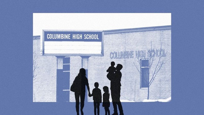 An illustration of a family in front of Columbine High School.