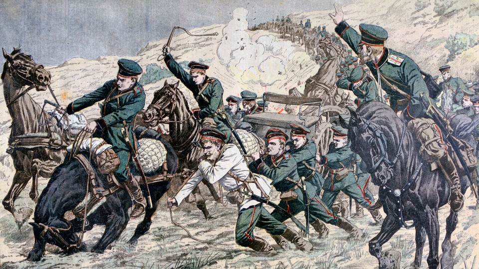 An illustration of a long line of men on horses and men on foot dragging supplies