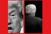 A photo of Donald Trump speaking and a photo of the back of his head