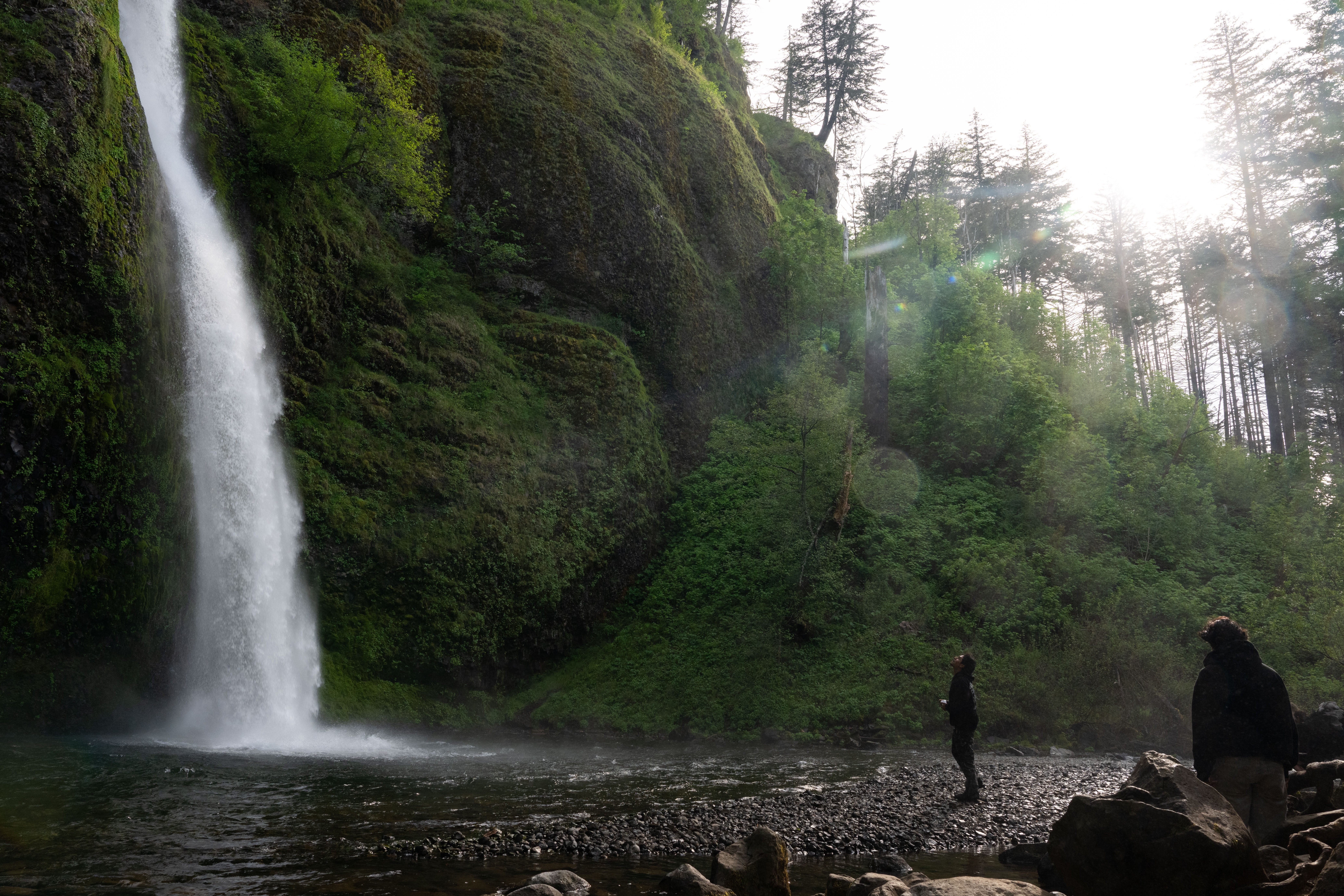 A person looks up at a tall waterfall along a steep plant-covered cliff.