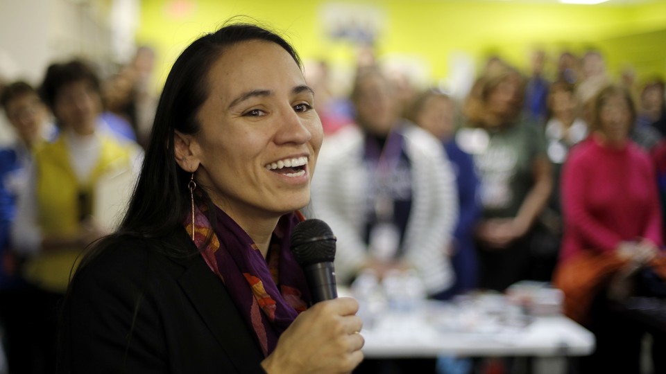Then–Democratic House candidate Sharice Davids talks to supporters during a rally at her campaign office on Saturday, November 3, 2018, in Overland Park, Kansas.