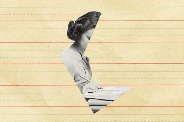 An image of a woman with her head bent down over a notebook, holding a pencil in her hand, is sliced at various angles and superimposed over yellow lined notebook paper.