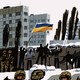 illustration of people looking over a barricade waving Ukrainian flag with snow and high-rise buildings behind and soldiers in foreground