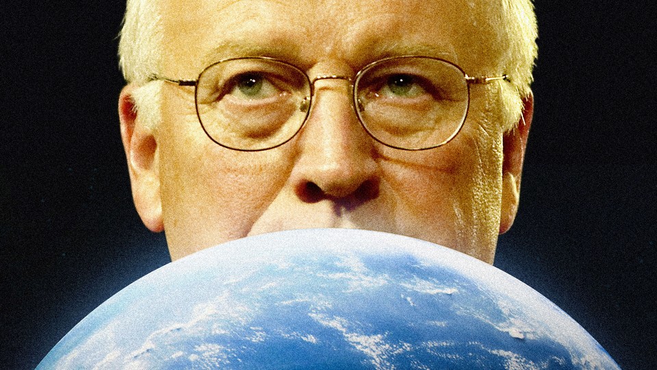 Dick Cheney peering over a globe