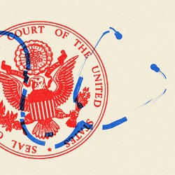 An illustration of the Supreme Court seal, a dollar sign, and a stethoscope