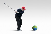A color photo-illustration of Donald Trump in a red MAGA cap swinging a golf club at a soccer-ball-size Earth