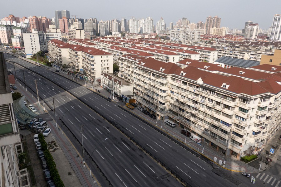 A view from above of empty streets around apartment buildings