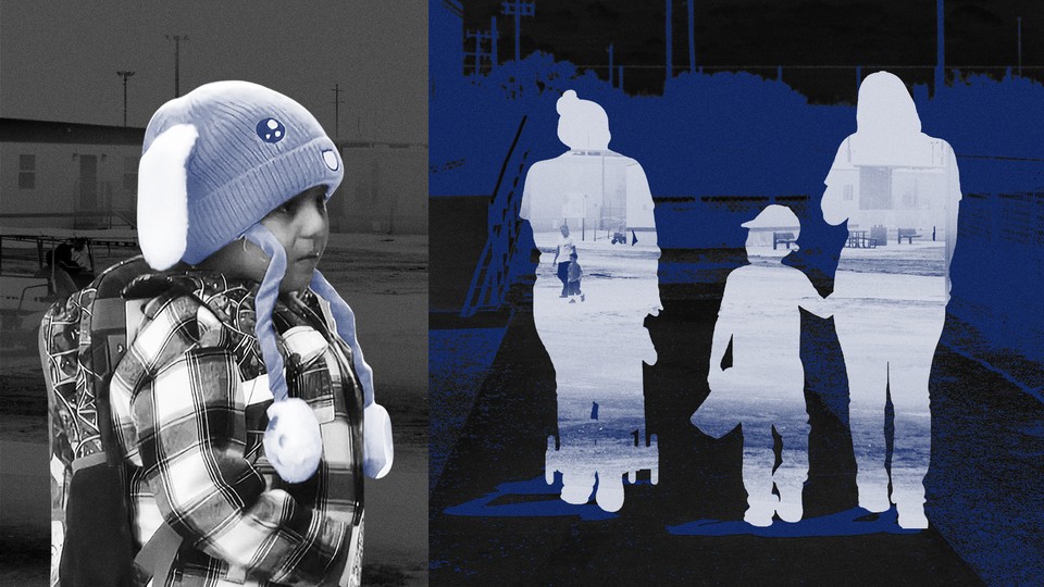 An illustration of an image of 5-year-old Liam Ramos wearing a blue bunny hat next to an image of three silhouettes, two adults and one child, walking against the background of the Dilley Immigration Processing Center