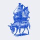 Sketch of a blue donkey with a large house on its back