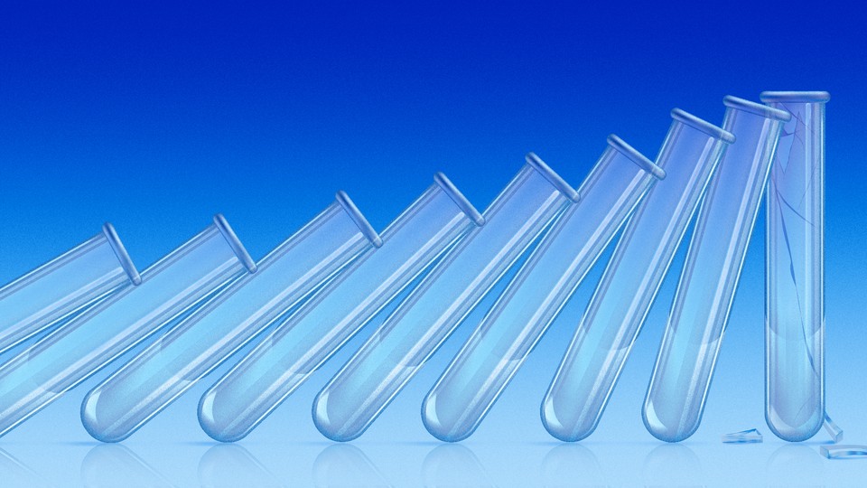 An illustration of glass vials tipping over onto one another, like dominoes.