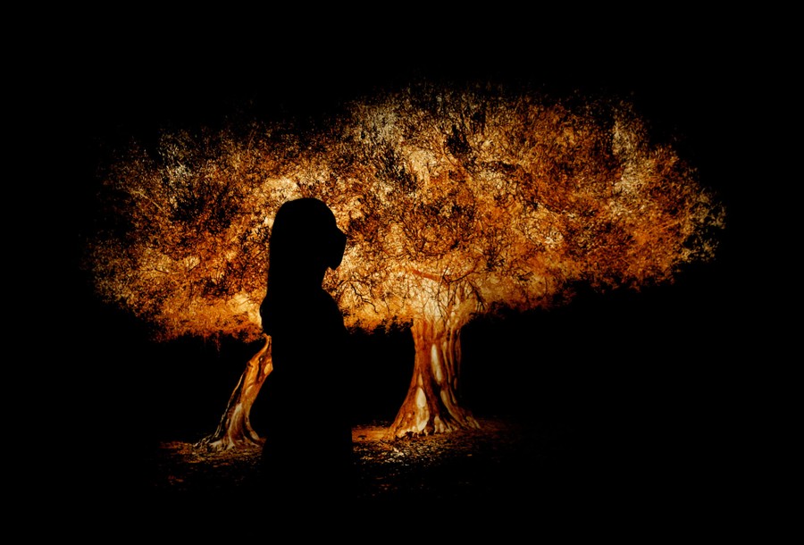 A person walks in front of a sculpture that appears to be a pair of illuminated trees.